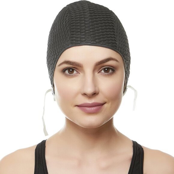 Beemo Swim Cap Women Chin Strap Bubble Crepe Latex Long Short Hair - Black - Picture 2 of 8